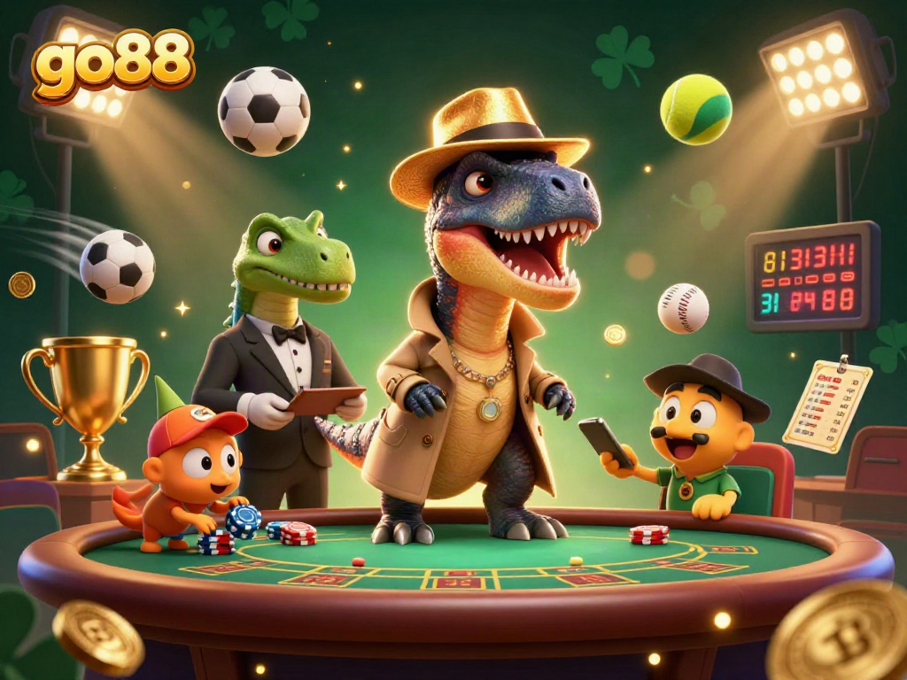 Experience thrilling action with go88 as a cartoon velociraptor card counter blends into the casino scene.