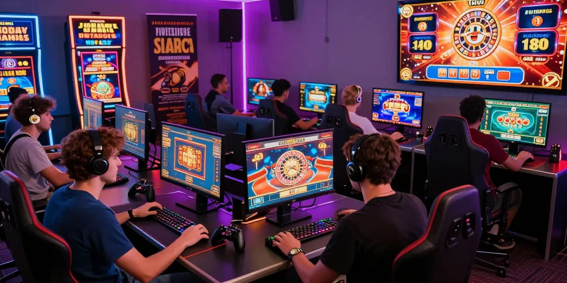 Environnement de jeu en ligne passionnant avec des joueurs profitant des jeux de casino en ligne France, mettant en avant des lumières vives et la technologie.