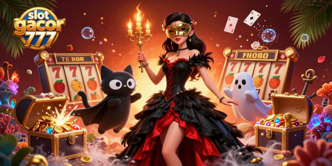 Experience thrilling wins with slot gacor 777, featuring a glamorous character amidst vibrant slot games and treasures.