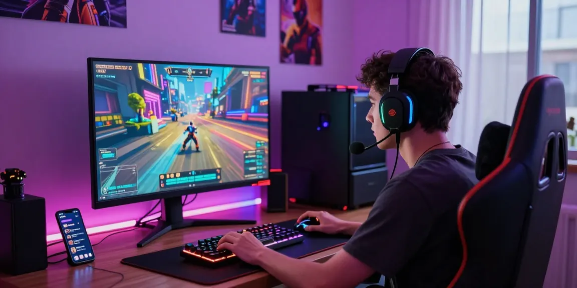 A vibrant gaming setup showcasing pakde4d immersive gaming experiences with colorful neon lights and high-tech equipment.
