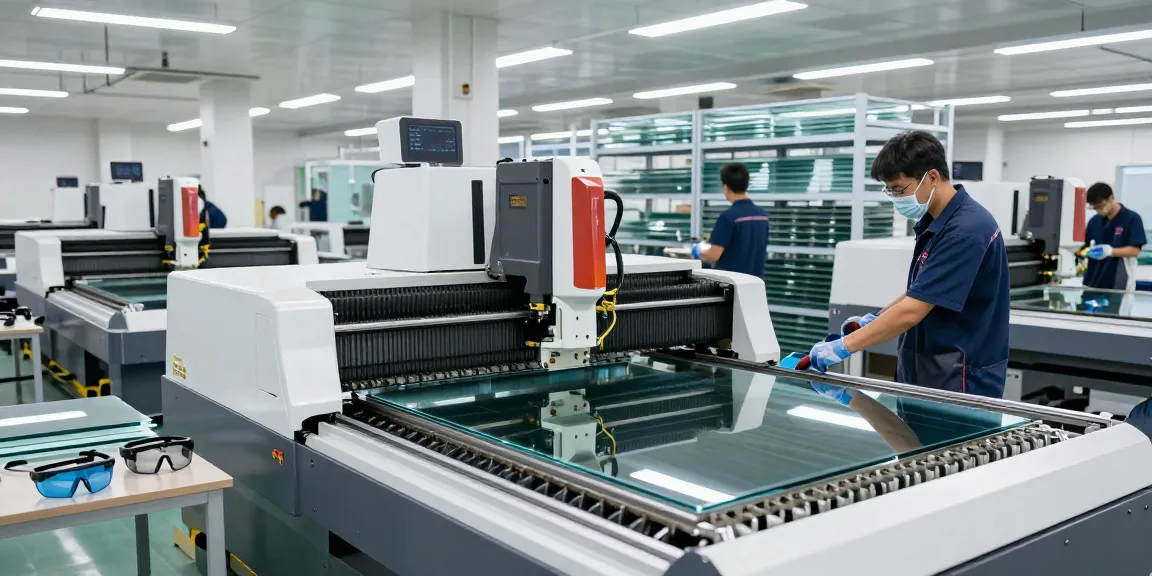 CNC glass cutting machine in a professional workshop, showcasing efficient glass processing technology.