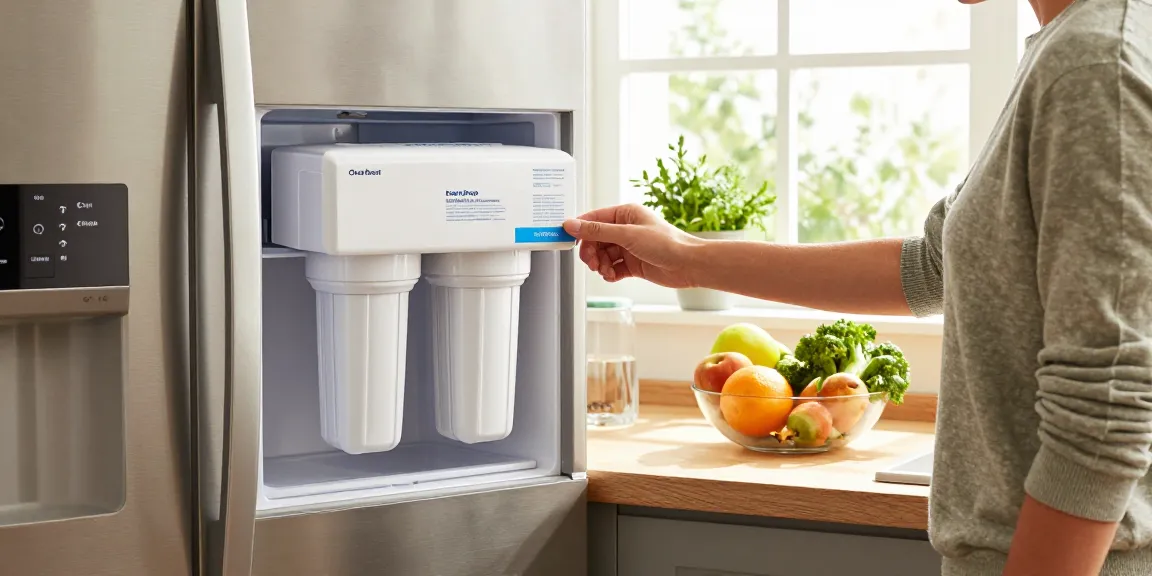 Overbest UKF8001 Replacement for EveryDrop by Whirlpool Refrigerator Water Filter 4 displayed on kitchen counter with a homeowner examining its benefits.