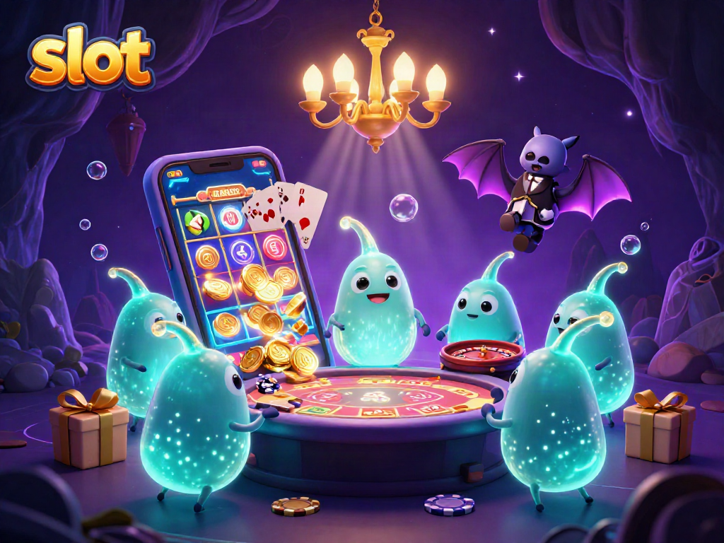 Experience thrilling slot action amidst a vibrant cave casino illuminated by glowing glowworms.