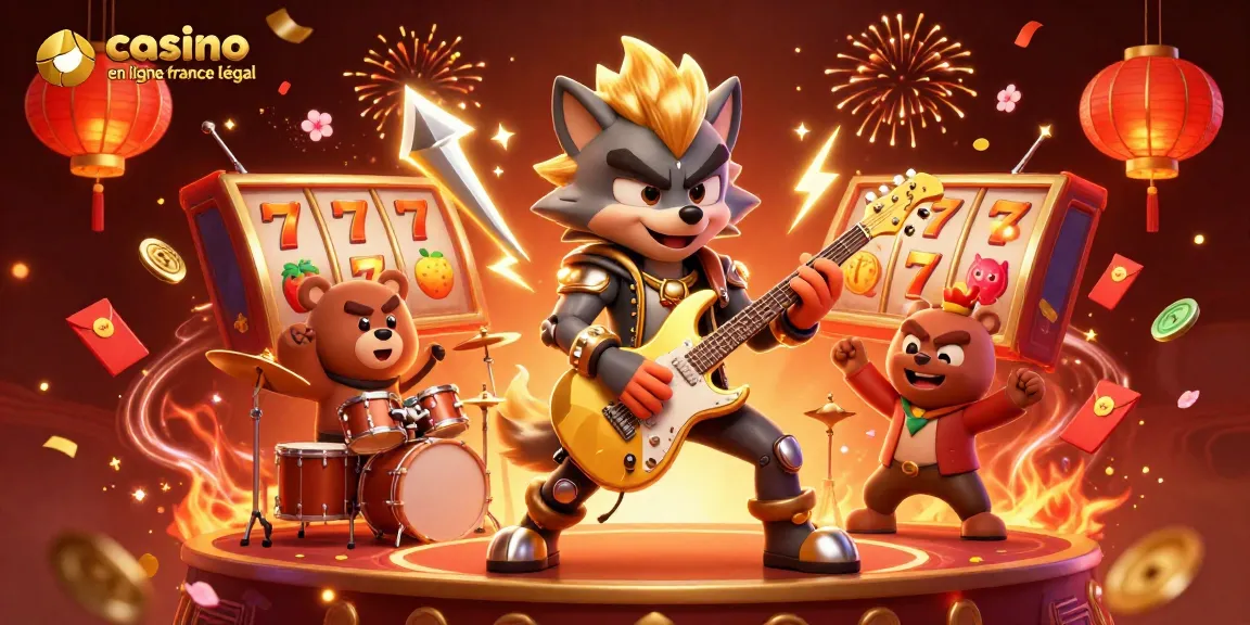 Vibrez avec le casino en ligne légal en France : un loup rock star en action sur scène, entouré d'énergie festive et de symboles de chance.