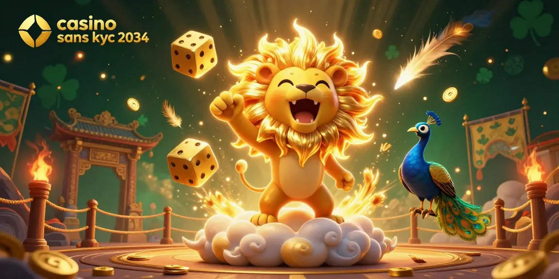 Découvrez le casino sans kyc 2034 avec un lion en 3D et des dés dorés dans un univers captivant.