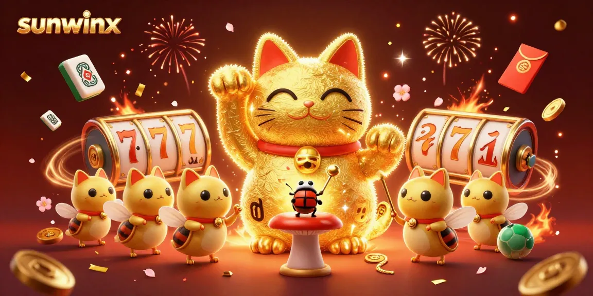 Engage with sunwinx in this vibrant casino illustration showcasing a lucky cat and various gaming elements.