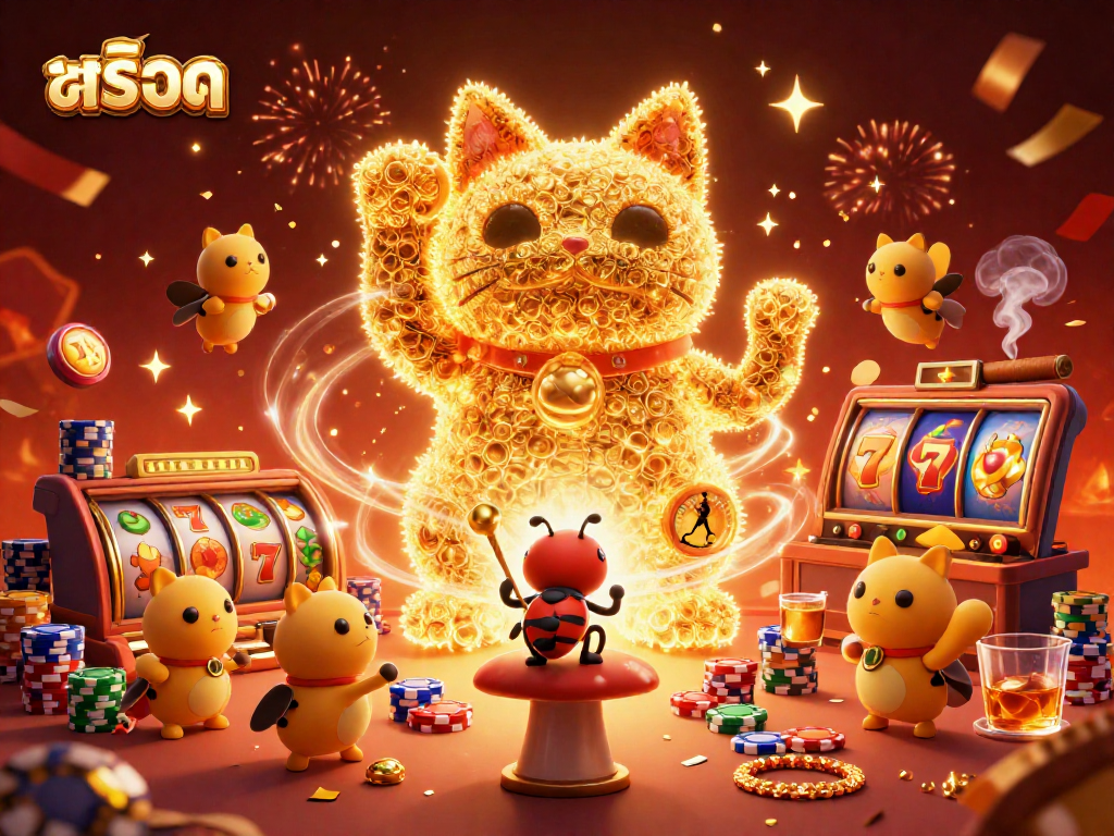 Experience สล็อต excitement with vibrant slot symbols and the lucky cat in dynamic 3D illustration.