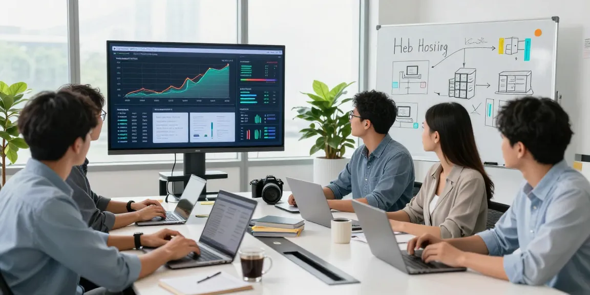 Equipo de especialistas en hosting en México colaborando en oficina moderna, analizando datos de tráfico web.