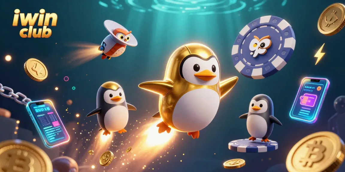 Join the excitement at iwin club as a golden penguin soars through a cosmic casino adventure.