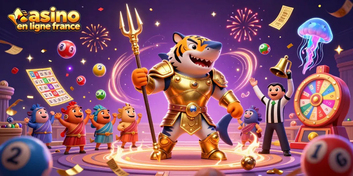 Vivez l'excitation des jeux au casino en ligne France avec un requin tigre en armure dorée et des éléments de loterie colorés.
