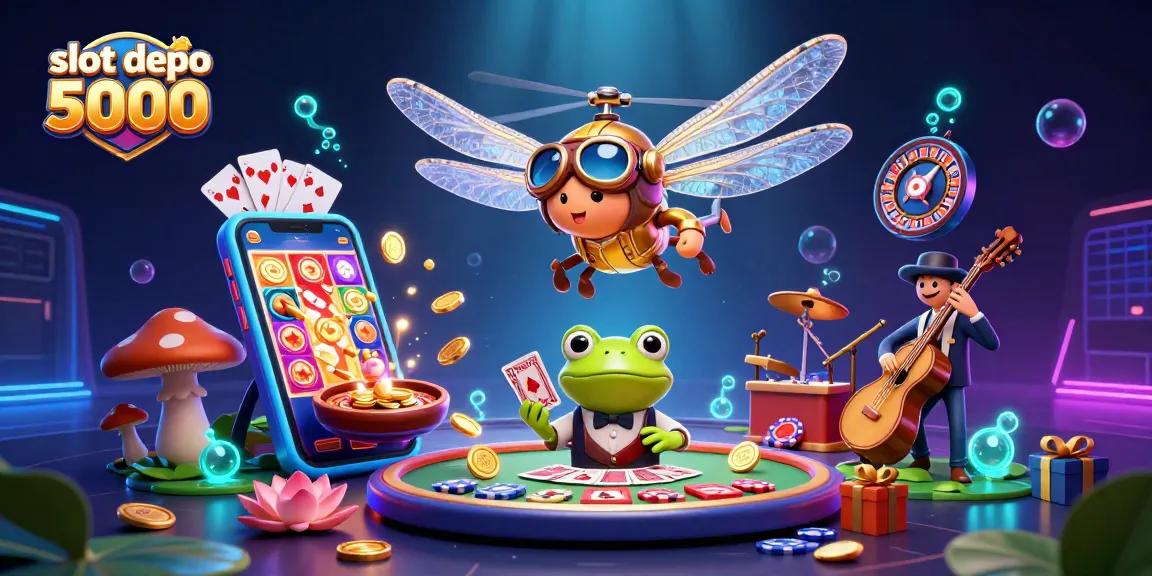 Play thrilling slot depo 5000 games with illustrated casino adventure featuring vibrant characters.