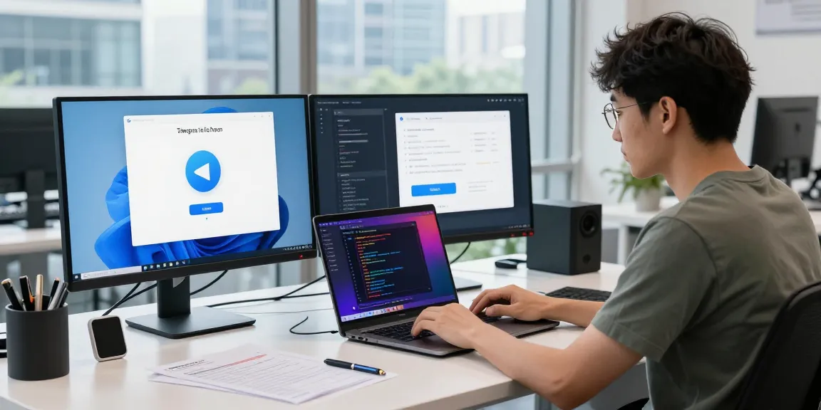Explore telegram china 2026 setup in a bright modern workspace with tech developer.