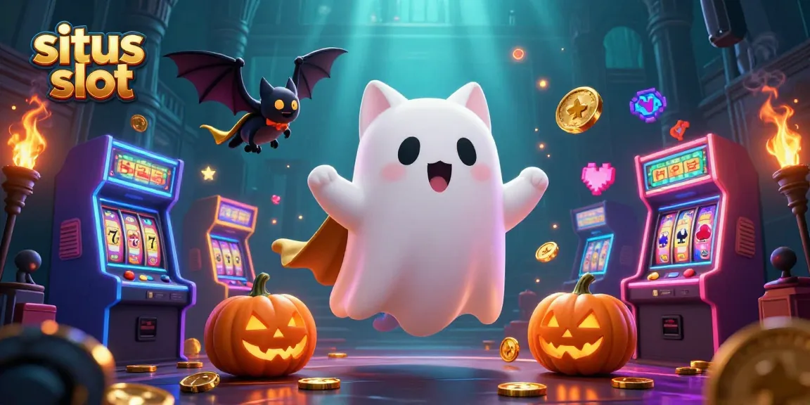 Play exciting situs slot games with a ghost cat and bat in this spooky casino scene.