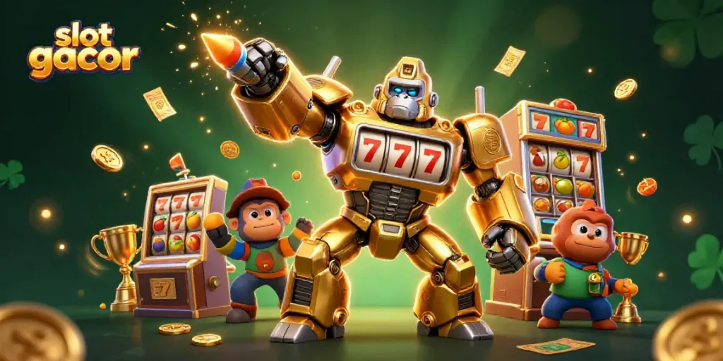Experience the thrills of slot gacor with a golden gorilla mech and dynamic slot machine elements.