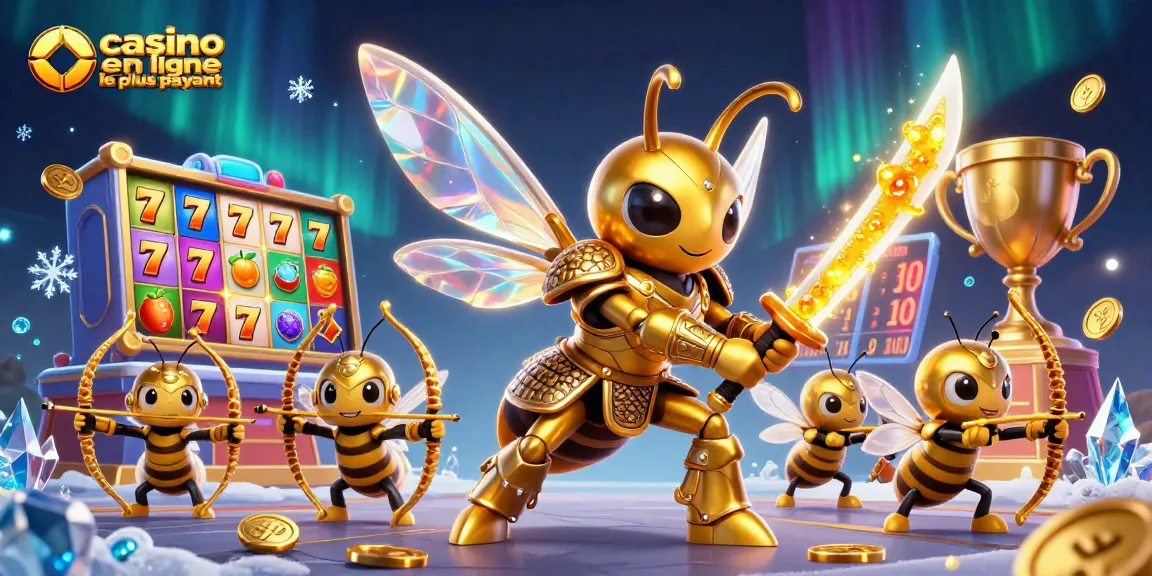 Une illustration dynamique mettant en scène le casino en ligne le plus payant avec un hornet en armure et des éléments de machines à sous.
