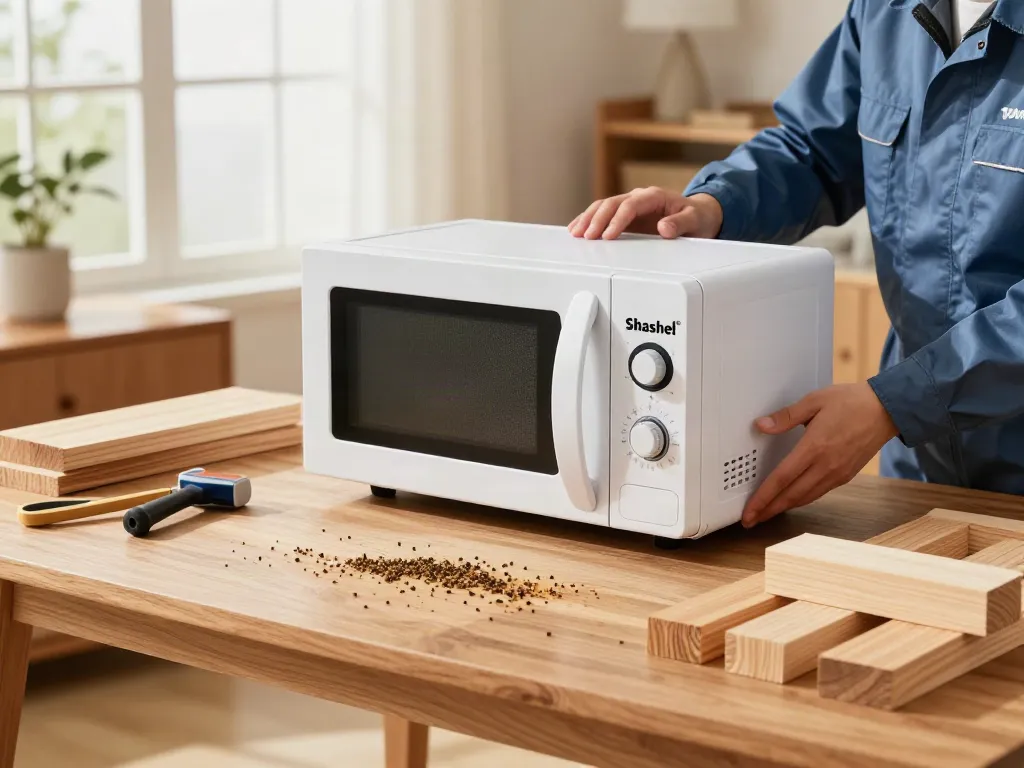Shashel® microwave equipment in action for quick woodworm elimination in a bright home setting.