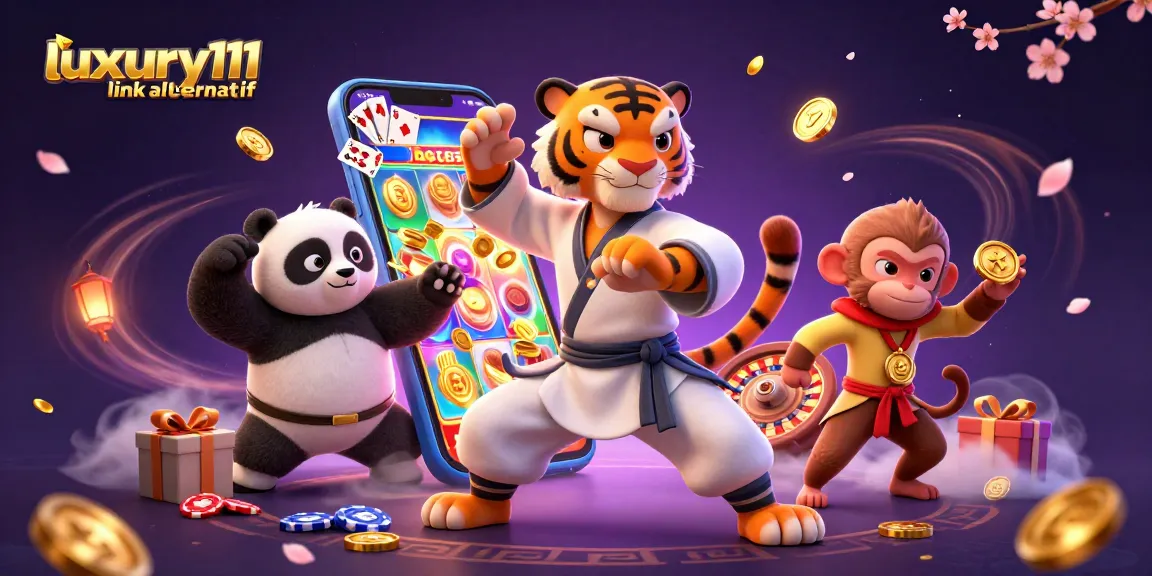 Experience thrilling wins with luxury111 link alternatif in a vibrant casino scene where characters interact with colorful slot games and trophies.
