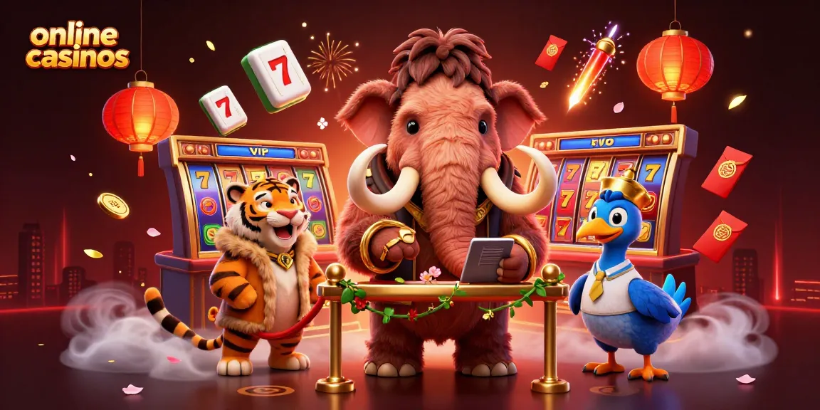 Experience the excitement of online casinos with a vibrant scene of a woolly mammoth bouncer checking IDs at the door.