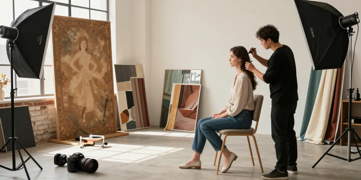 Ritratto Fotografico dans un studio professionnel, photographe et modèle en action, éclairage doux et ambiance artistique.