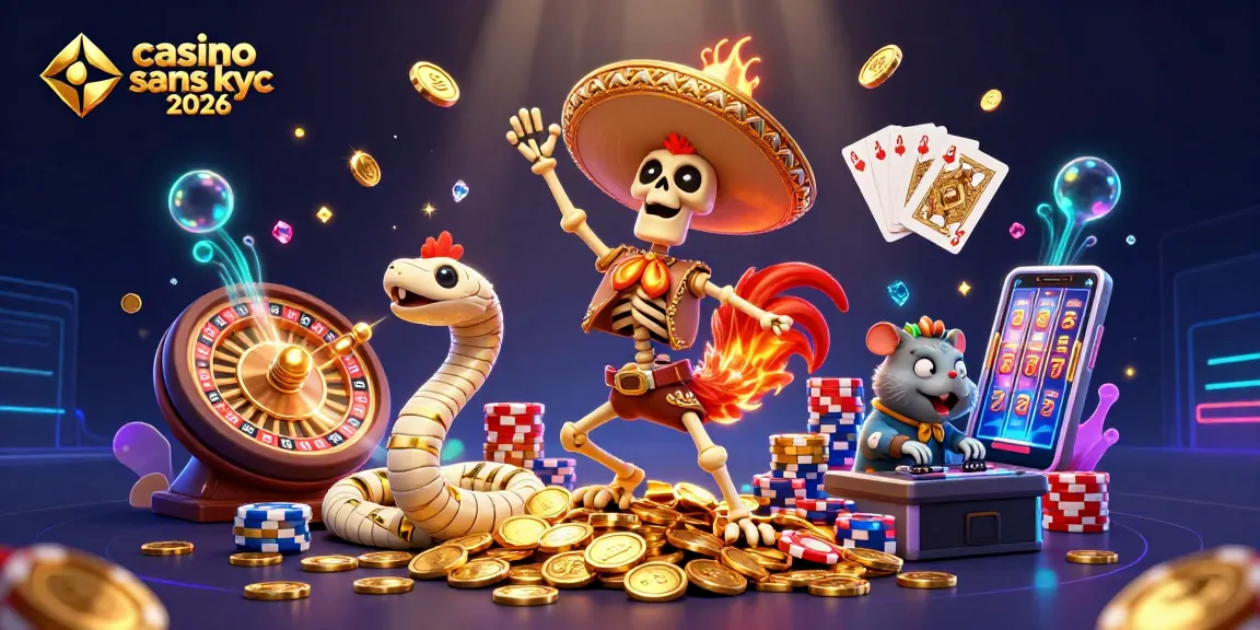 Jouez au casino sans KYC 2026 avec cette scène dynamique d'illustration 3D riche en détails.