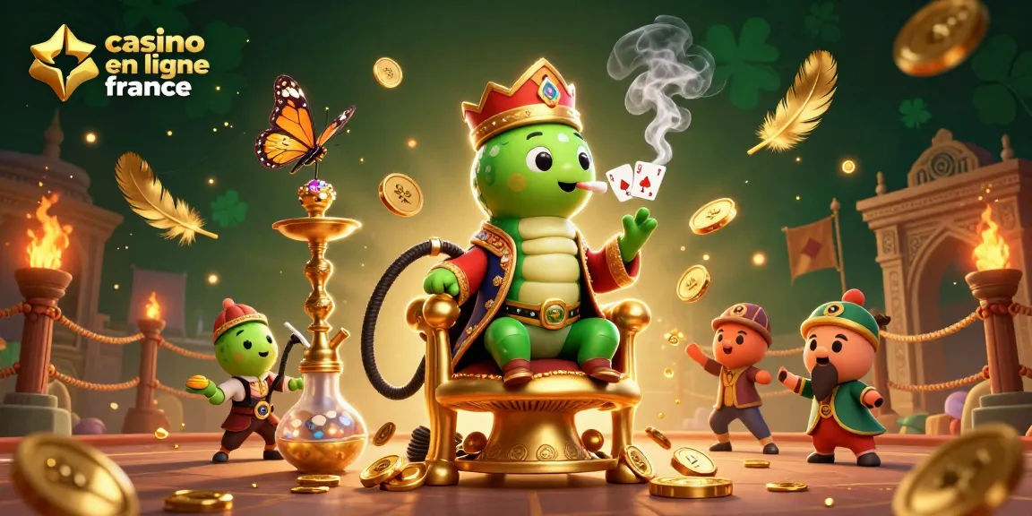 Jouez dans un casino en ligne France avec des symboles de poker et un maître hookah sur un trône doré.