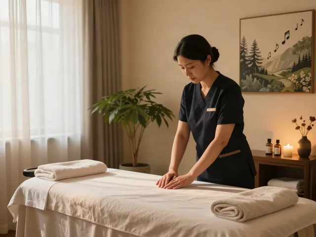 강남출장마사지 treatment room with soft towels, essential oils, and warm lighting