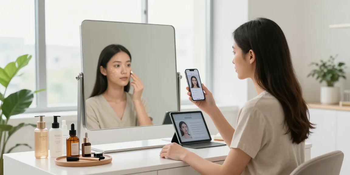 Skincare analysis woman using app as an alternative to QOVES in a bright studio