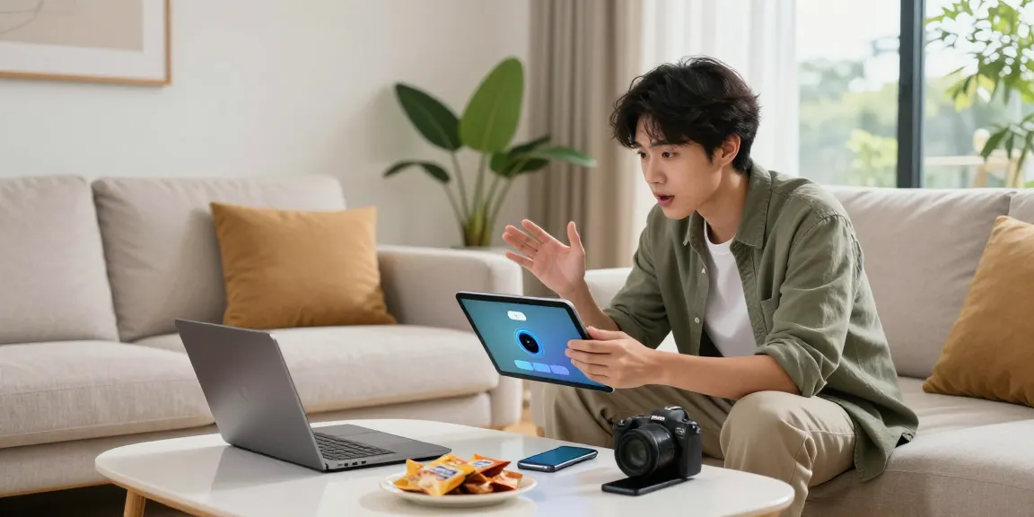 Engaging spicy chat scene with a young adult using a tablet in a cozy living room, surrounded by technology and snacks.