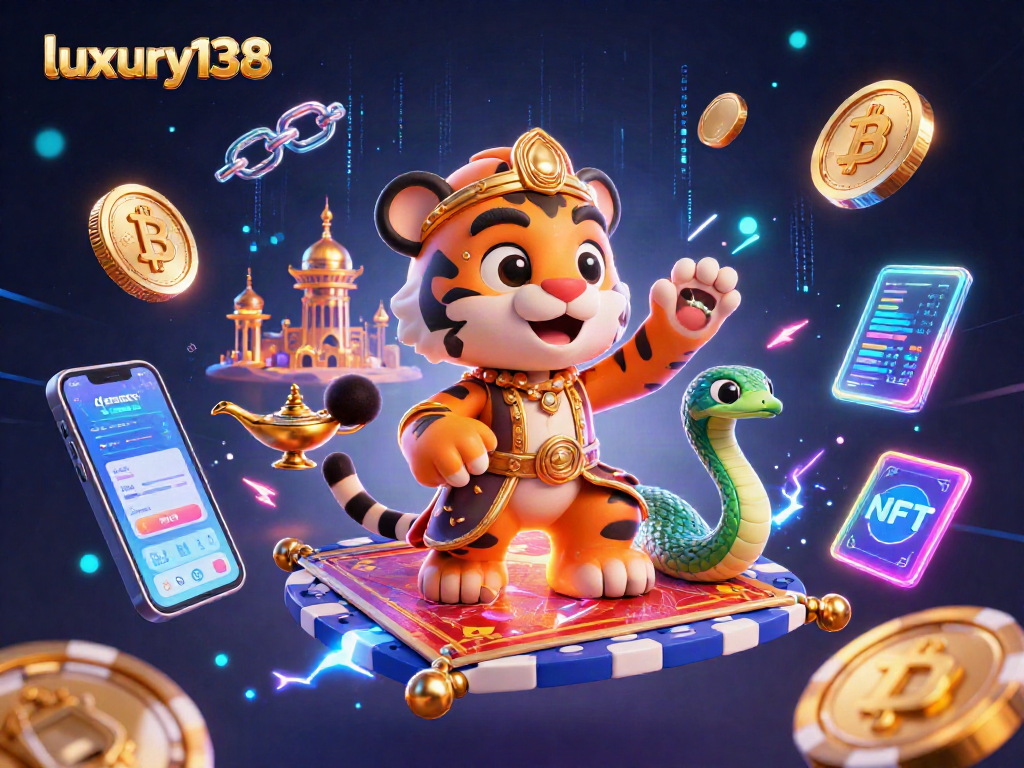 Menangkan permainan di luxury138 dengan ilustrasi sultan harimau pada karpet terbang dikelilingi koin kripto.