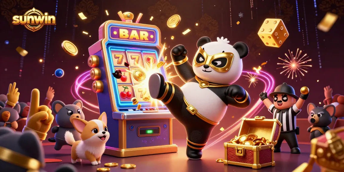 Experience the thrill of sunwin with an energetic 3D scene featuring a panda wrestler, jackpot slots, and lively spectators.