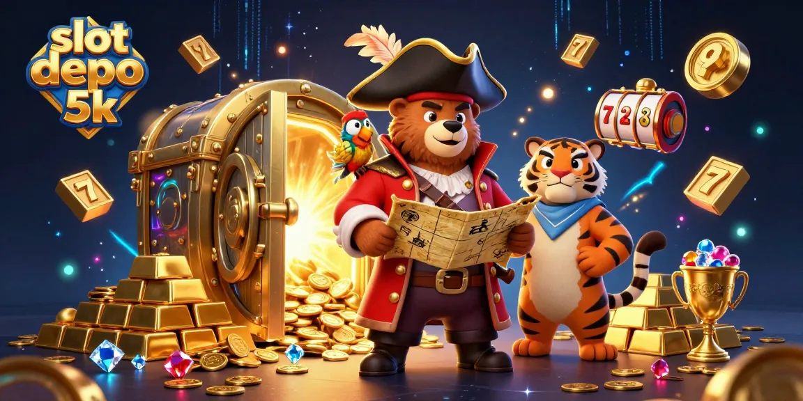 Experience exciting slot depo 5k action with pirate-themed characters amidst gold treasures and slot elements.