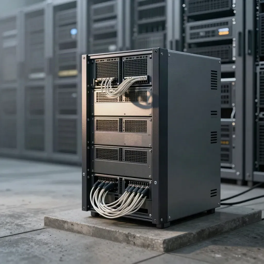 Edge server hardware and firewall appliance in a misty data center with cool directional light.