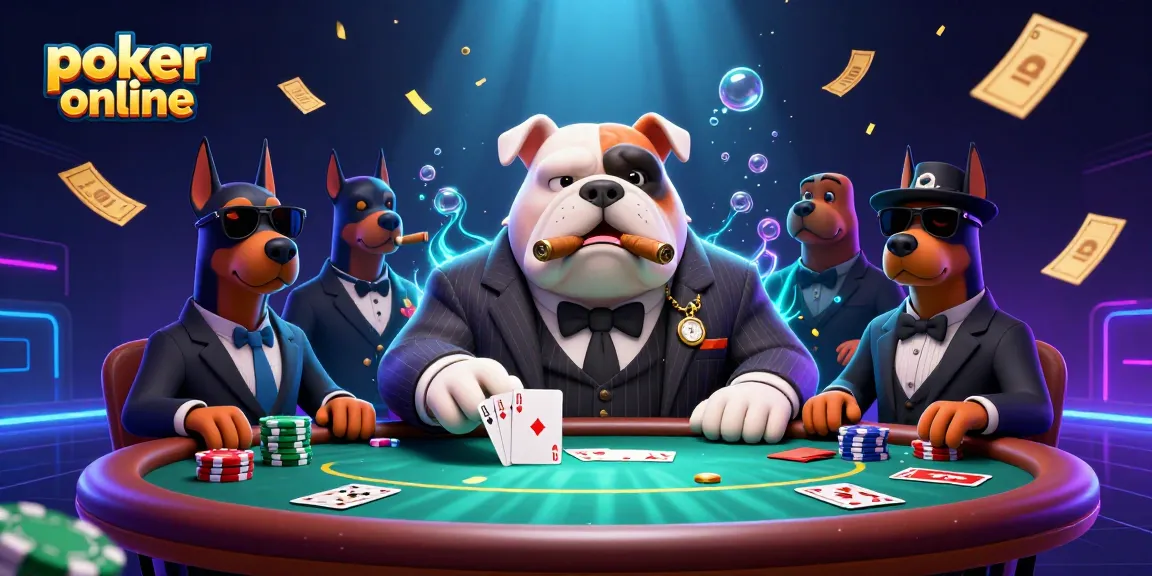 Jouez au poker en ligne avec une ambiance dynamique, illustrée par un bulldog mafieux entouré d'ambiance de jetons et de cartes.