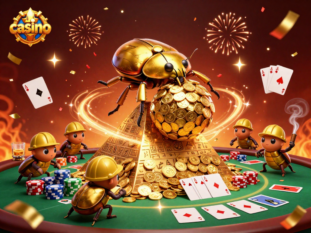 Casino-themed illustration with beetles rolling coins, poker elements, and festive background.