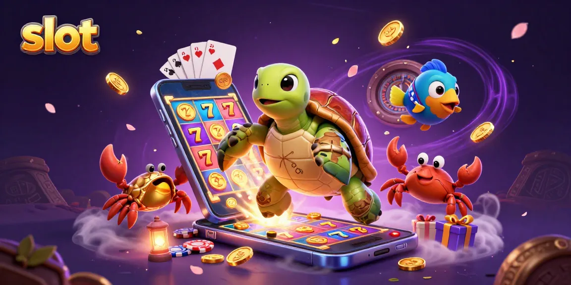 Berbagai slot dan elemen kasino menghibur dalam ilustrasi 3D khas, dengan karakter yang menarik.