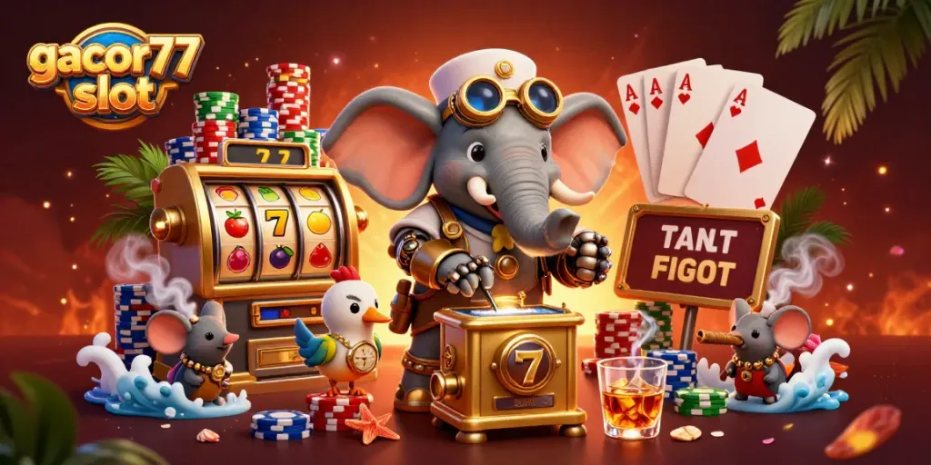 Menangkan gacor77 slot dengan ilustrasi dadu dan mesin slot yang dinamis.