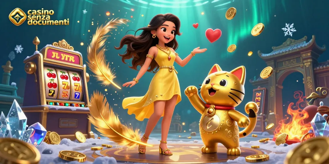 Gioca al casinò senza documenti con personaggi divertenti che si godono vincite alle slot machine dorate e elementi festivi.