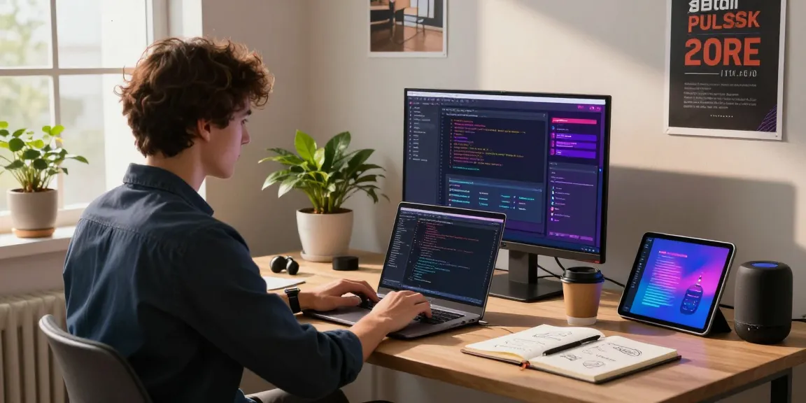 Developer at modern workspace showcasing 纸飞机中文版 on a laptop with coding elements and a vibrant atmosphere.