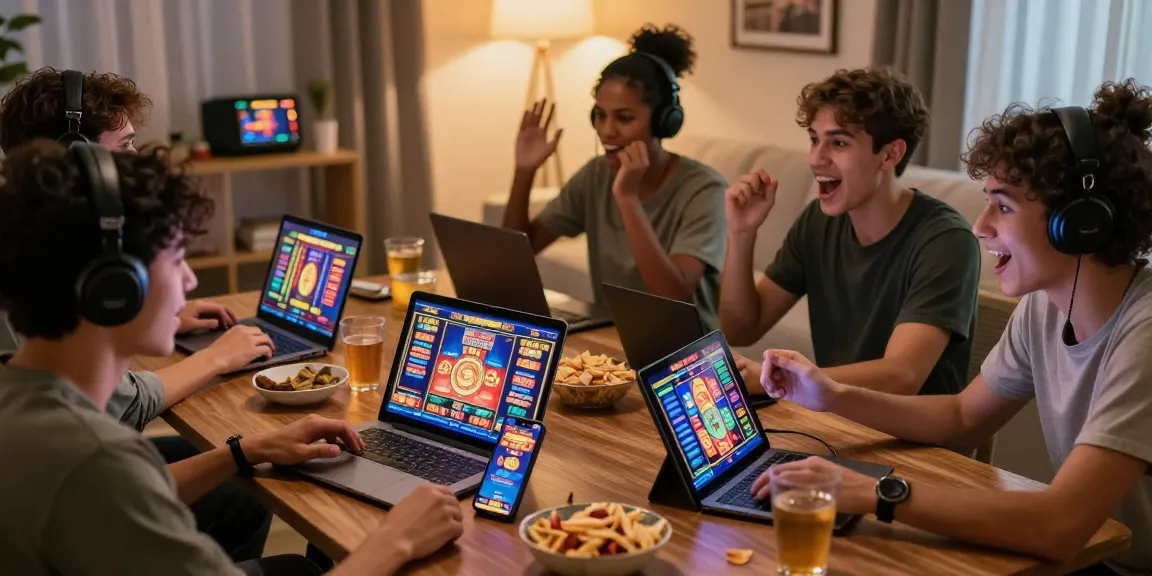 Players enjoying situs slot 10k games in a lively home gaming atmosphere.