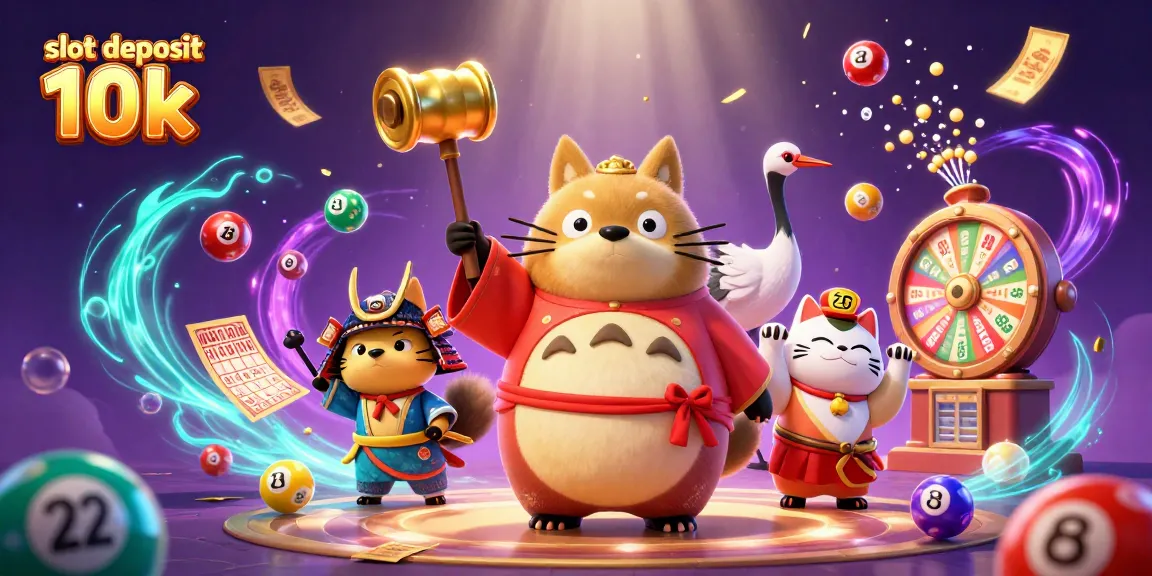 Menangkan permainan slot deposit 10k dengan simbol keberuntungan di latar belakang meriah.