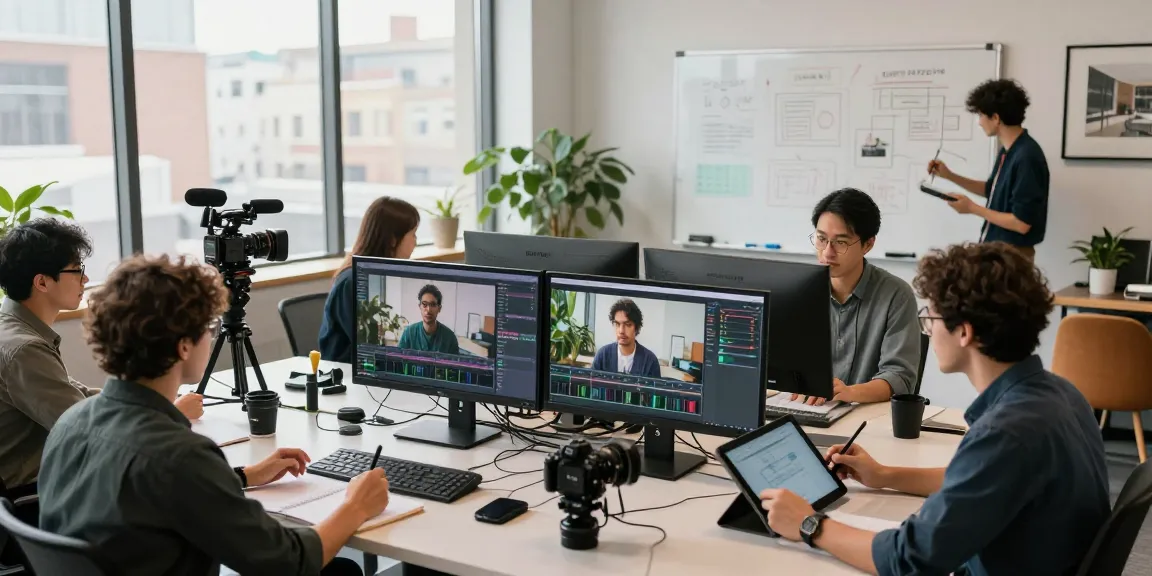 Video to prompt: Team using advanced software in a modern video production workspace.