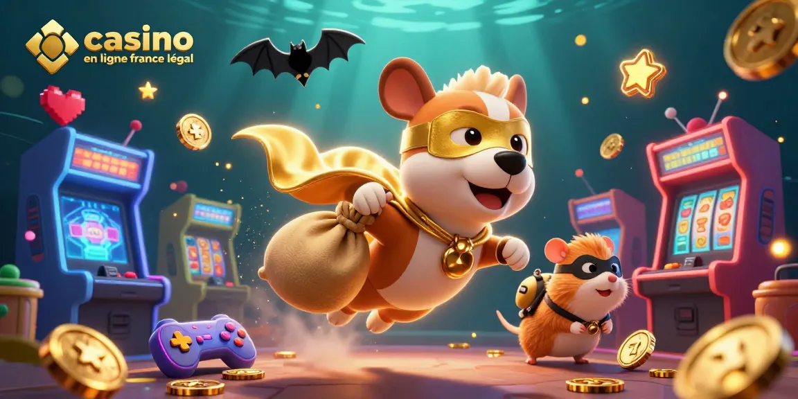 Illustration dynamique de casino en ligne France légal avec un chien super-héros volant et un hamster, en pleine action.