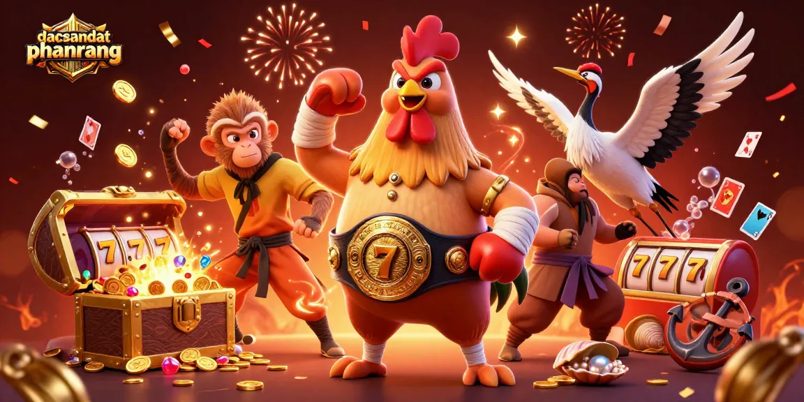 dacsandatphanrang promotes excitement with a vibrant 3D illustration of casino characters amidst dazzling slot games.