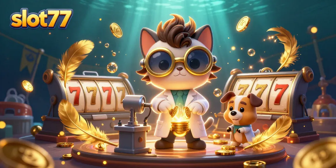 Experience thrilling wins and spins with slot77 in a vivid casino-themed digital illustration.
