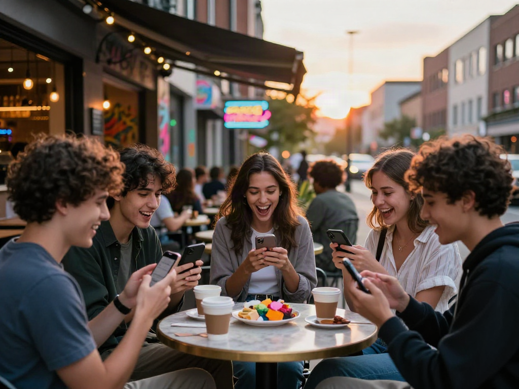 Youthful group enjoying the test of attractiveness together in an urban café.