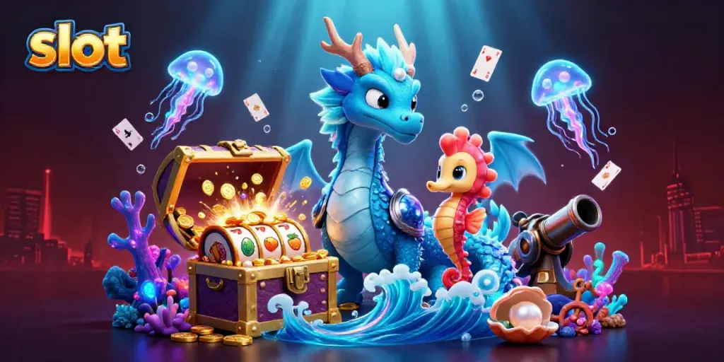 Engage with slot reels and shimmering treasures in a vibrant underwater casino scene.