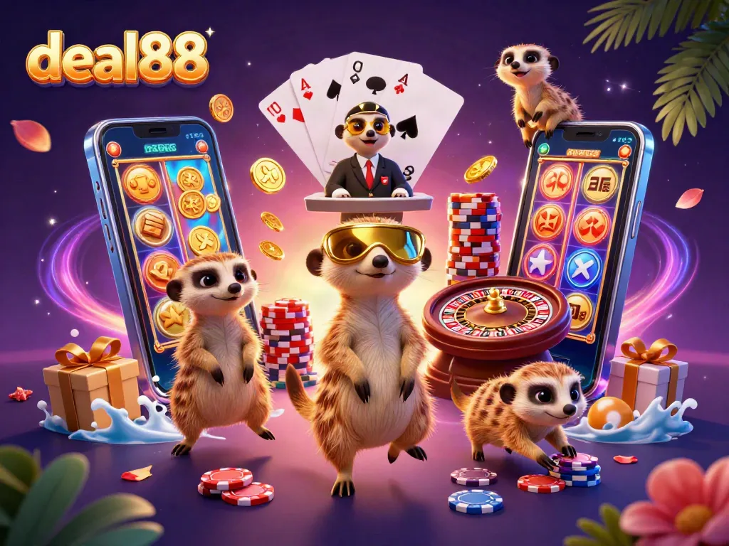 Bet on excitement with deal88 in a vibrant casino scene featuring playful meerkats.
