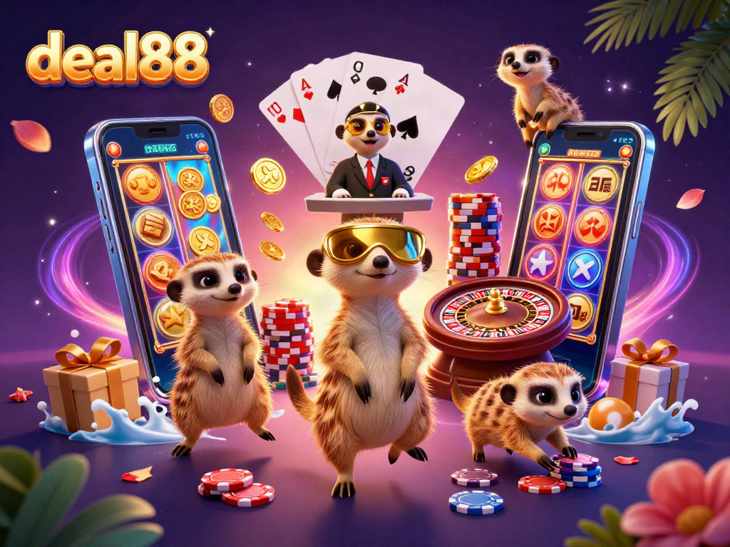 Bet on excitement with deal88 in a vibrant casino scene featuring playful meerkats.