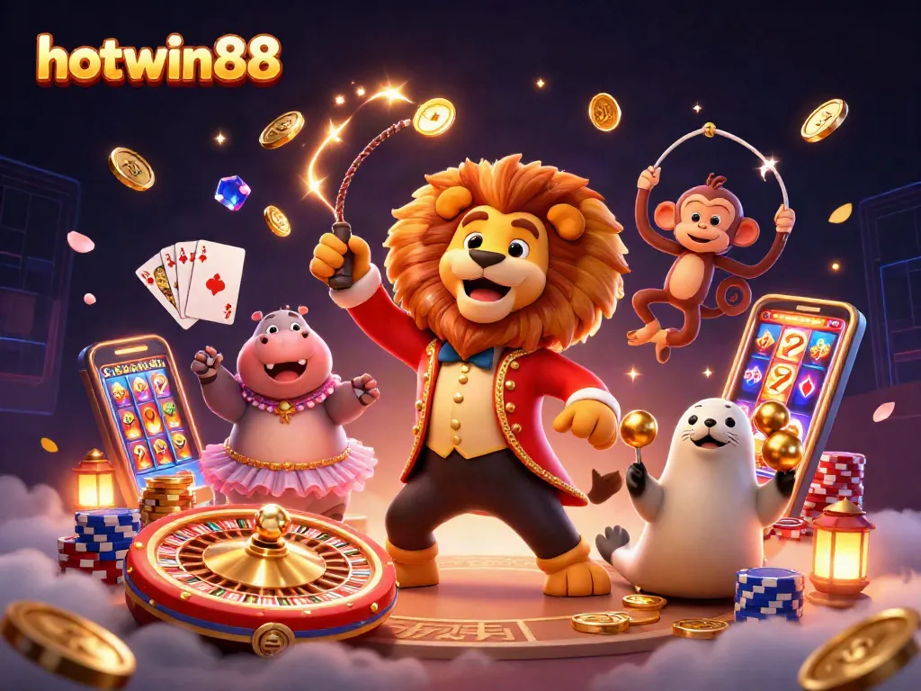 Engage with thrilling wins at hotwin88, featuring dynamic 3D characters in a vibrant casino scene.