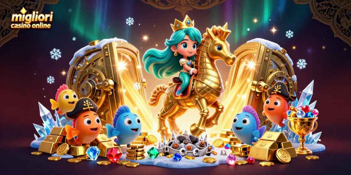 Vivi l'emozione dei migliori casino online con questa vivace scena 3D di una sirena piena di tesori e avventura.